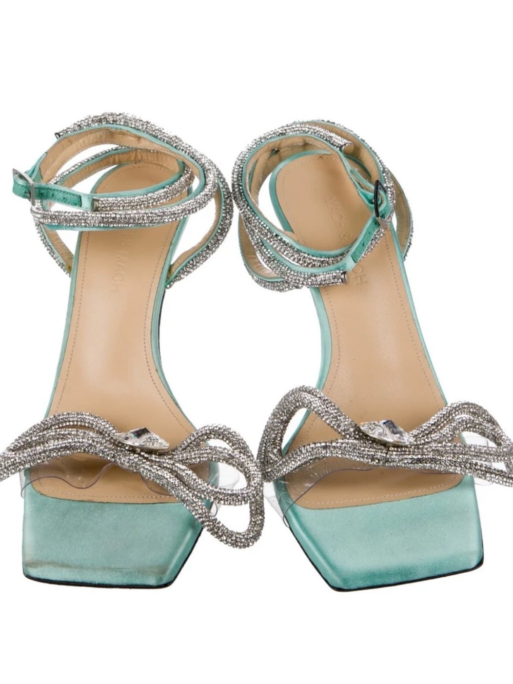 MACH & MACH Aqua Satin Crystal-Embellished Ankle-Strap Sandals euro 37.5